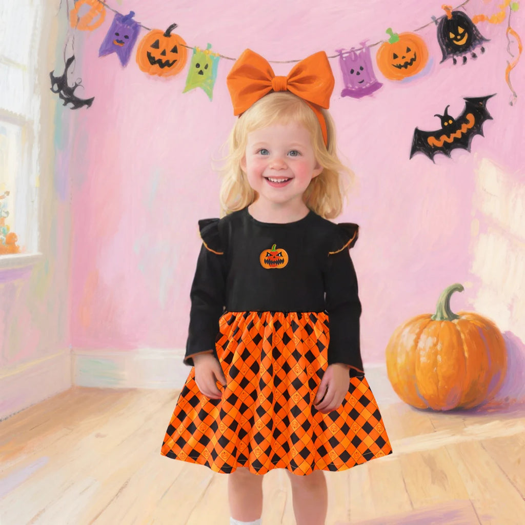 Vestido de festa de halloween para meninas, padrão de losango de abóbora, tecido canelado costurado, vestido de manga comprida adequado para meninas de 1 a 8 anos
