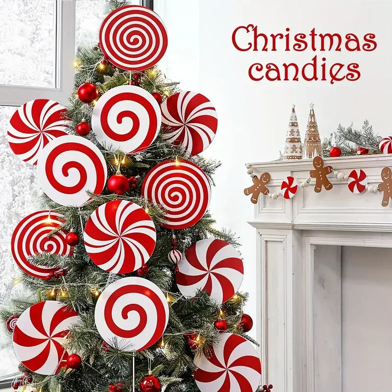 Conjunto de 4/8 decorações para árvore de Natal com design de bala de menta vermelha e branca, ideal para decorar o topo da sua árvore.