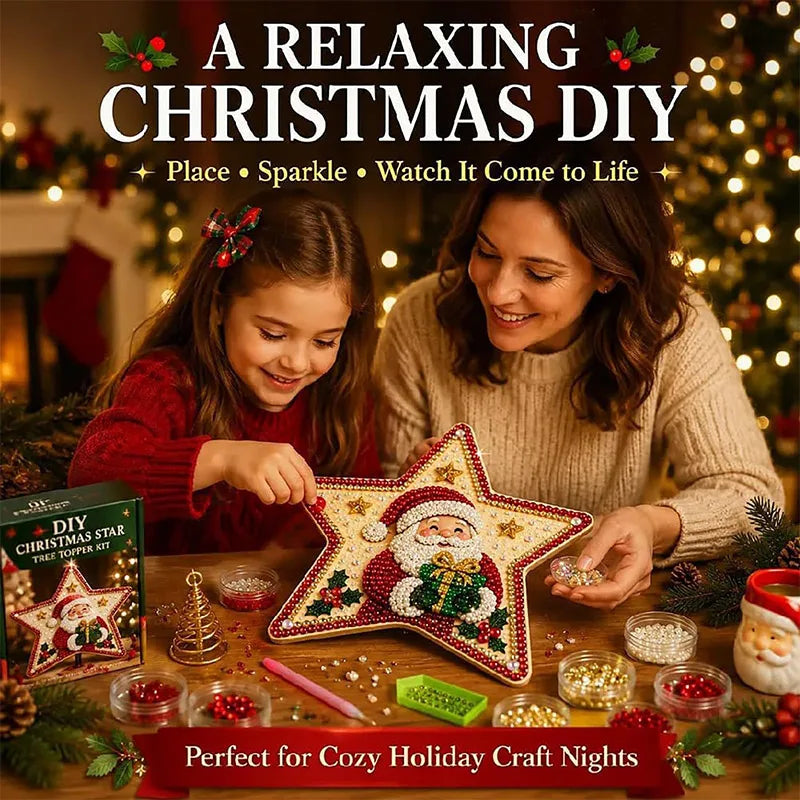 Enfeite de Árvore de Natal com Pintura de Diamantes, Topo de Árvore em Forma de Estrela, Papai Noel DIY, Pintura com Pérolas e Gemas, Base Espiral, Decoração para o Topo da Árvore de Natal