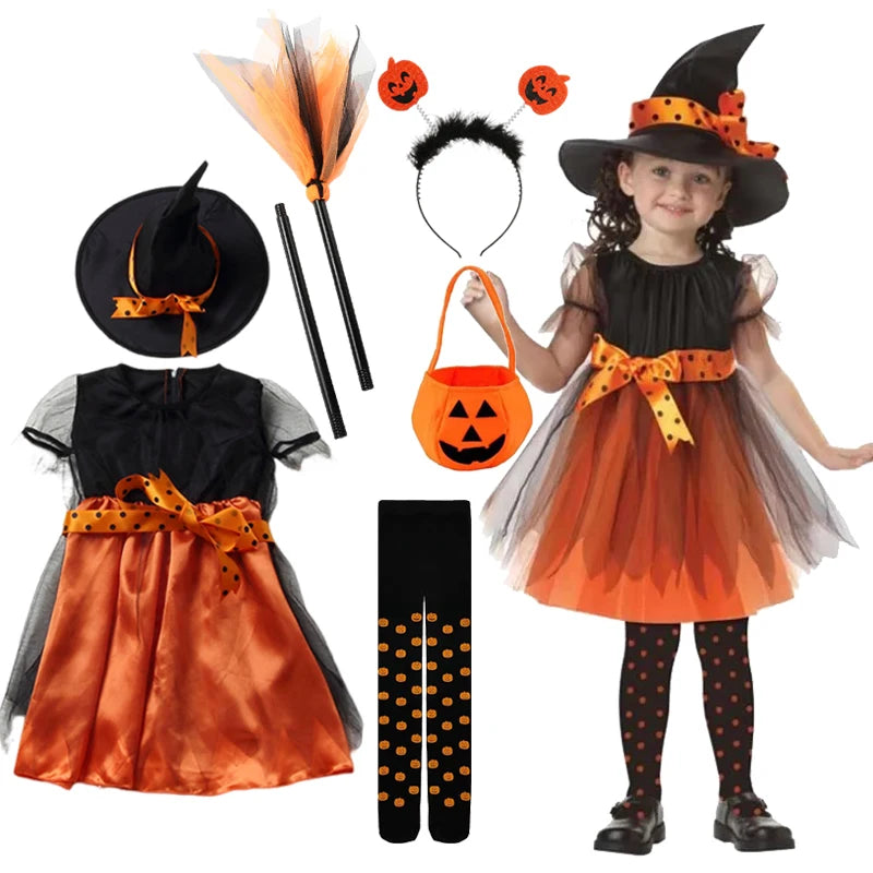 Fantasia de Halloween para Meninas 2026, Conjunto de Vestido de Bruxa com Chapéu e Bolsa
