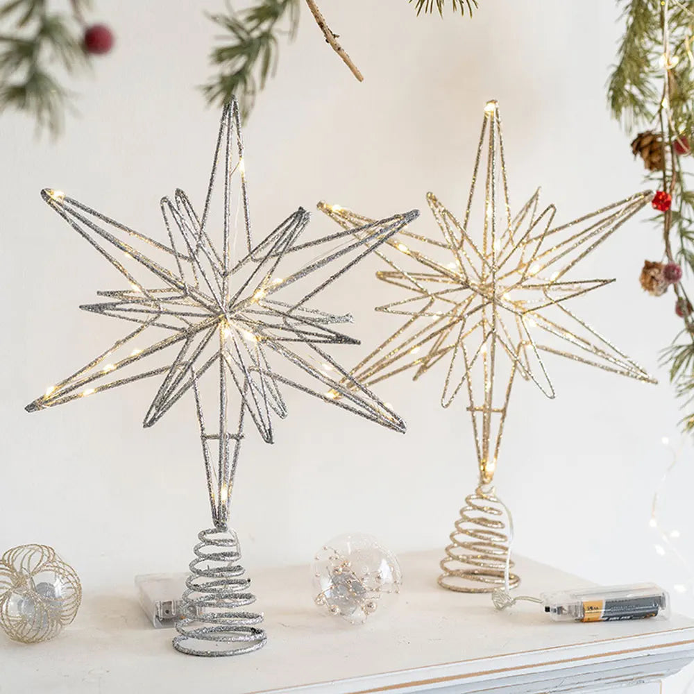 Estrela para Topo de Árvore de Natal com Luzes LED, Enfeites Criativos com Luzes LED e Glitter, Decoração de Árvore de Natal para Festas