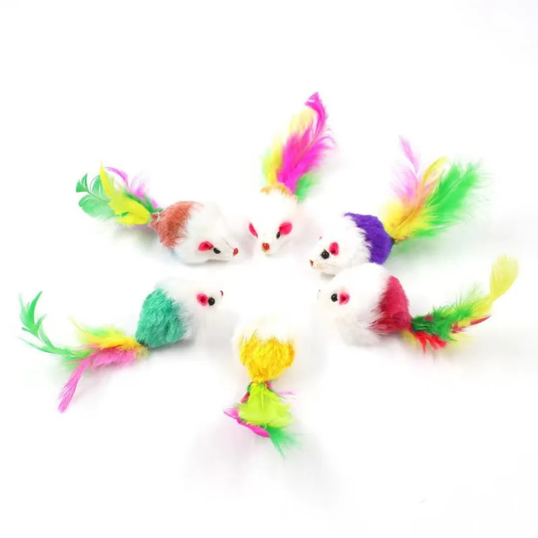 Brinquedos interativos para gatos, mouse falso de lã macia e fofa, pena colorida, brinquedo de treinamento engraçado para gatos, gatinho, suprimentos