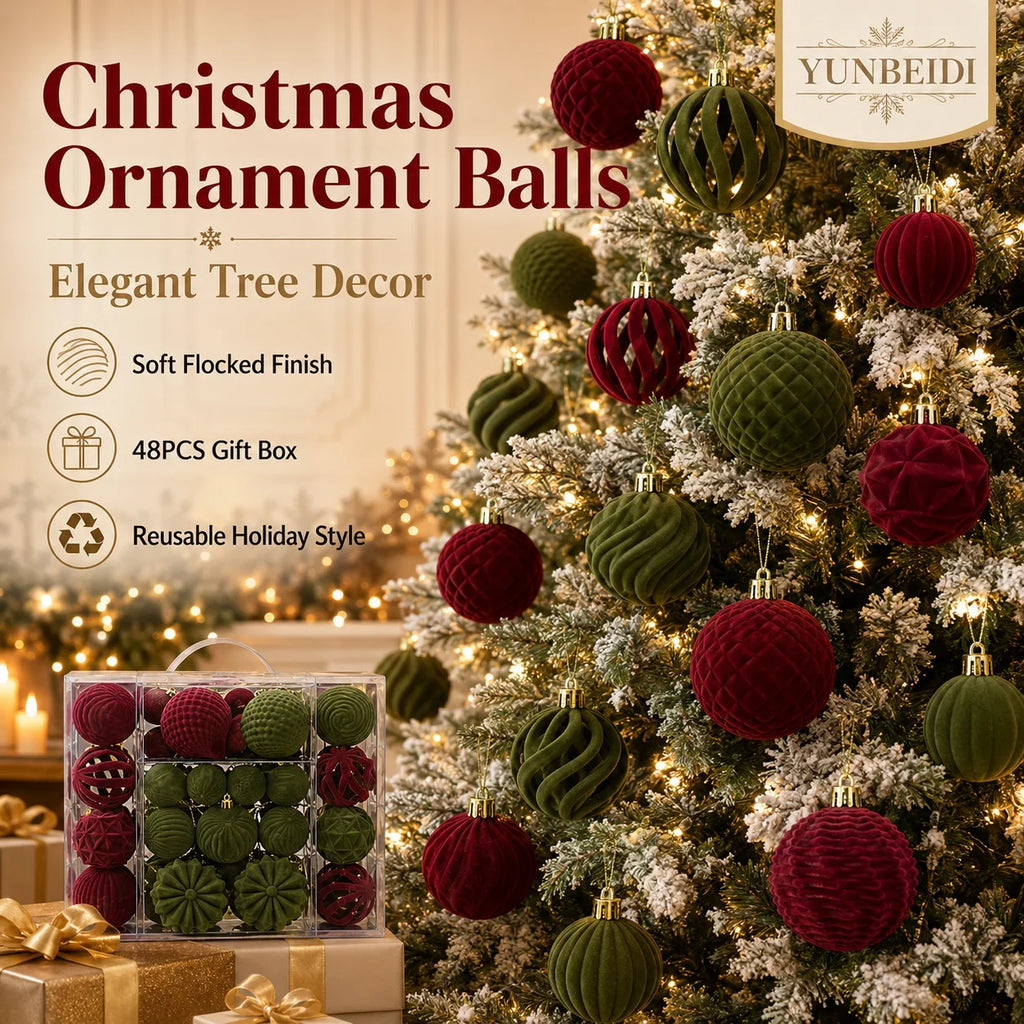 Conjunto de Bolas de Natal de Veludo 48 Peças, Enfeites Plásticos Flocados para Decoração de Árvore de Natal DIY, Decoração Suspensa para Festas e Casa