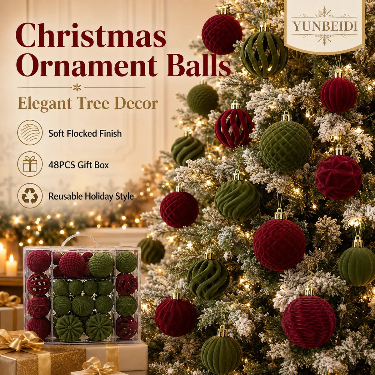 Conjunto de Bolas de Natal de Veludo 48 Peças, Enfeites Plásticos Flocados para Decoração de Árvore de Natal DIY, Decoração Suspensa para Festas e Casa
