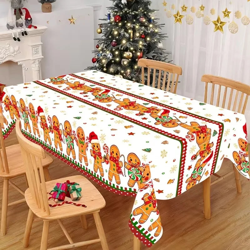 Toalha de Mesa de Natal: Decoração Clássica de Inverno com Estampa de Papai Noel, Floco de Neve e Pinhas – Suprimentos para Cenário Festivo
