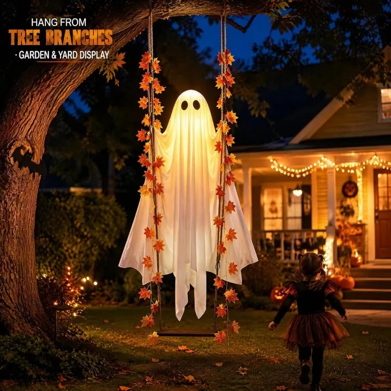 Decorações de Halloween para Exterior, Fantasmas Luminosos Pendurados com Luzes de Cordão, Ornamento de Fantasma Brilhante para Jardim