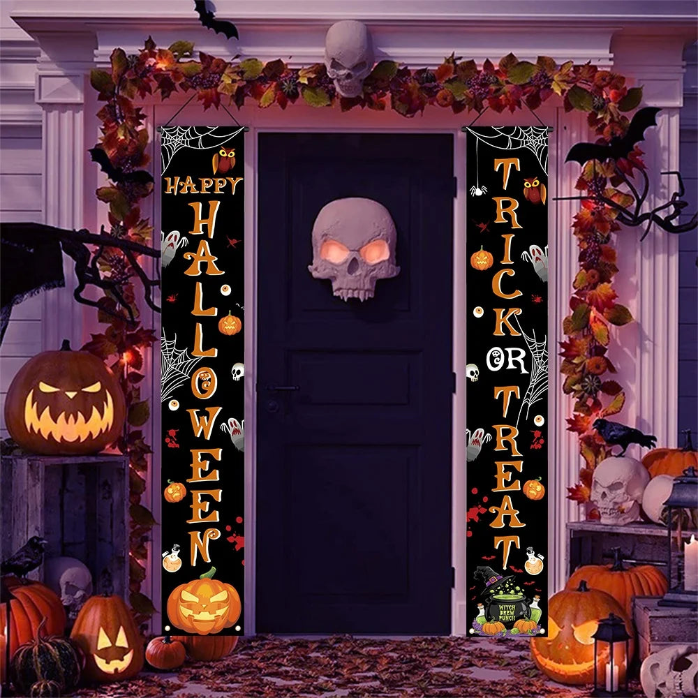 Banner de Halloween com Estampa de Abóbora, Teia de Aranha e Esqueleto, Decoração Assustadora para Pendurar na Porta da Frente ou na Parede, Ornamento de Terror, Artigos para Festa de Halloween
