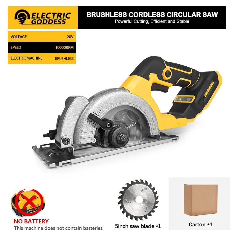 Serra circular elétrica sem escova Electric Goddess 5 polegadas ﻿ Para bateria Dewalt 20V ﻿ Ferramenta elétrica de serra portátil sem fio para carpintaria de 1000 W ﻿