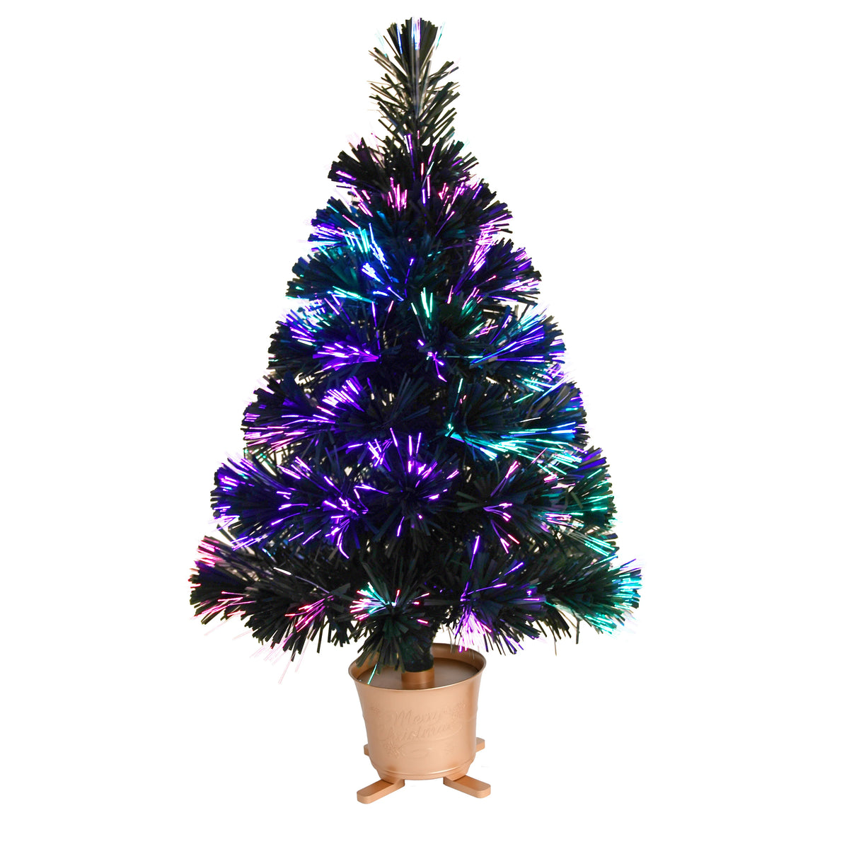 Mini árvore de Natal artificial de mesa de fibra óptica com luzes LED, base dourada, verde, pré-iluminada, árvore de Natal, 24 polegadas