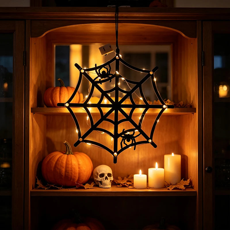 Luzes Decorativas de Halloween para Pendurar em Janelas e Paredes, Ornamentos LED Assustadores de Silhueta de Fantasma, Bruxa, Gato Preto e Teia de Aranha para Pendurar em Ambientes Internos