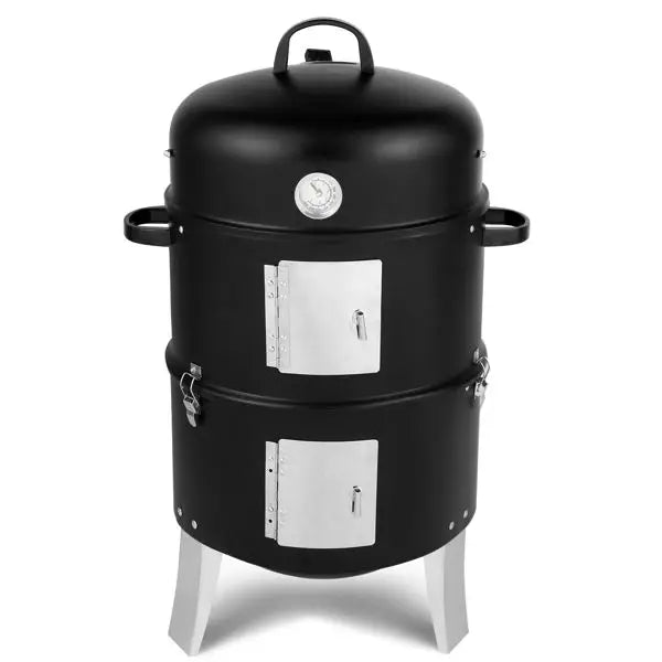 Heavy-Duty Double Layer Round BBQ Grill Black Vertical Steel Charcoal Smoker for Outdoor Cooking