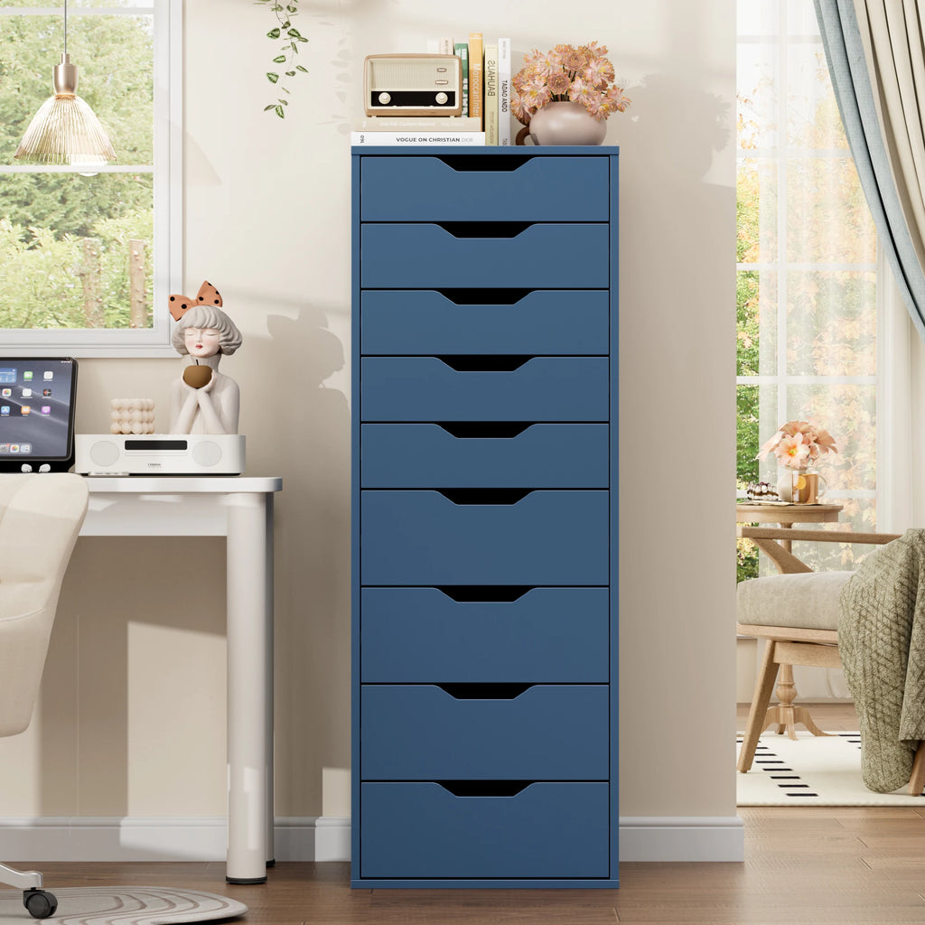 Getone Cômoda Quarto, Cômoda alta, Armário de armazenamento branco, Armário alto com 9 gavetas para sala de estar 124,3x45x40cm
