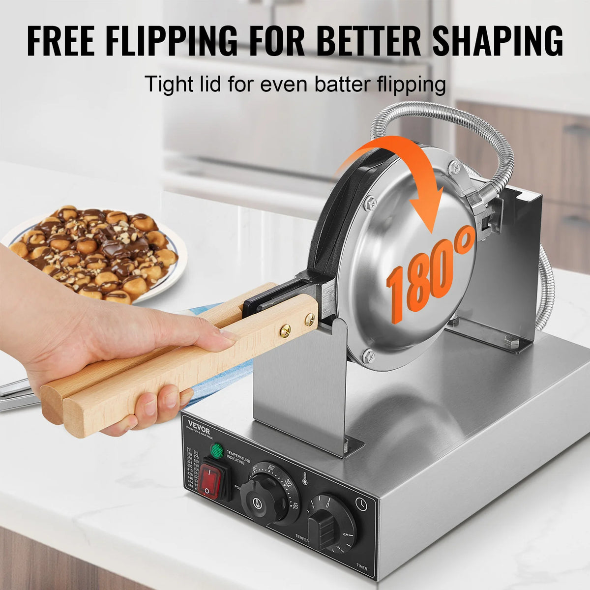 SucceBuy Máquina comercial de waffle com bolhas de ovo 1400W antiaderente em aço inoxidável com 180 °   2 panelas giratórias e alças de madeira