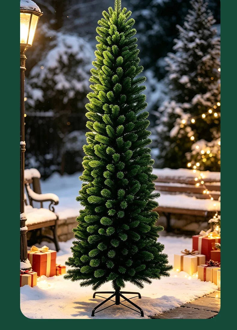 Árvore de Natal artificial, de formato alongado, cor verde-pinho, para decoração de festas e eventos familiares em ambientes fechados.