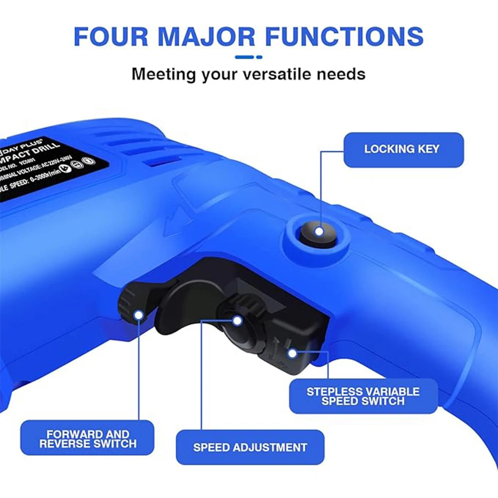 Furadeira de martelo 240V para madeira, metal, concreto, furadeira de impacto elétrica com fio de 850W, velocidade variável de 3000 rpm, 2 em 1 com 360 °   Rotação