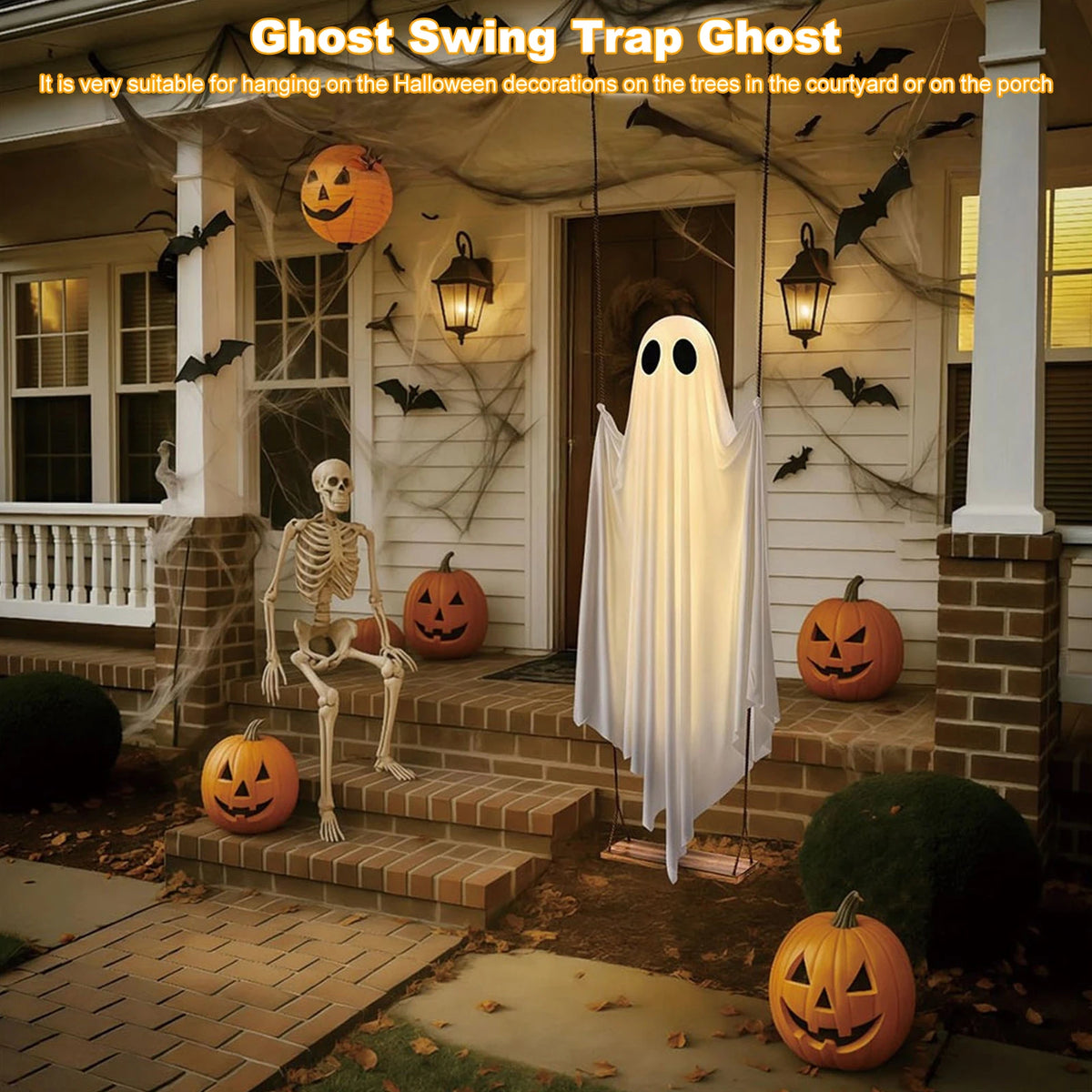 Decoração de halloween fantasma de balanço pendurado ao ar livre com luzes de corda ornamento fantasma assustador decoração fantasma bonito para árvores de varanda frontal