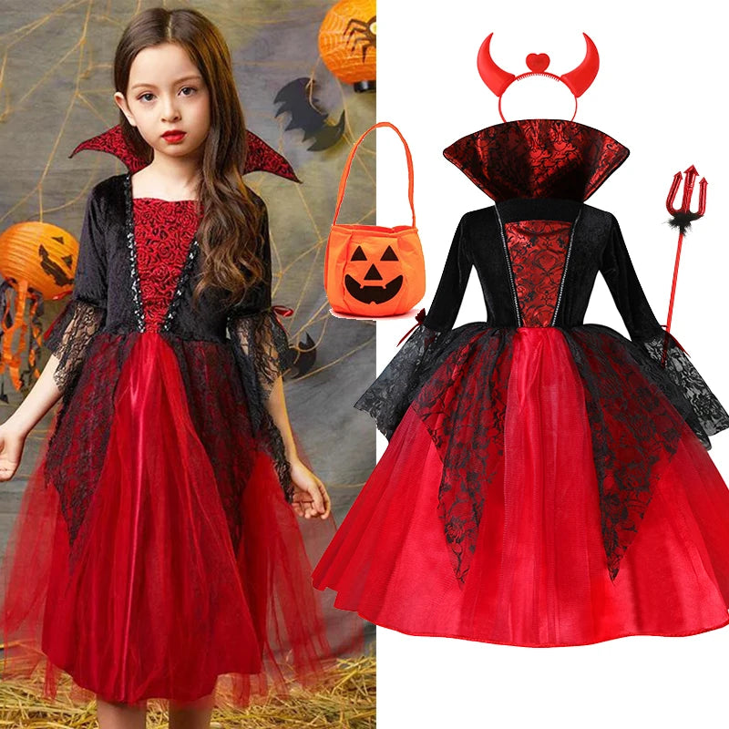 Fantasia de Personagem Vampiro Diabo para Meninas, Vestido de Tule Preto e Vermelho com Acessório de Chifre para Festa de Halloween