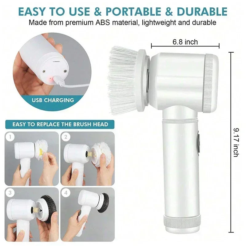 Purificador giratório elétrico sem fio 2025 com 5 escovas, limpador de banheiro recarregável à prova d'água IPX7 para limpeza de azulejos/doche/gravos