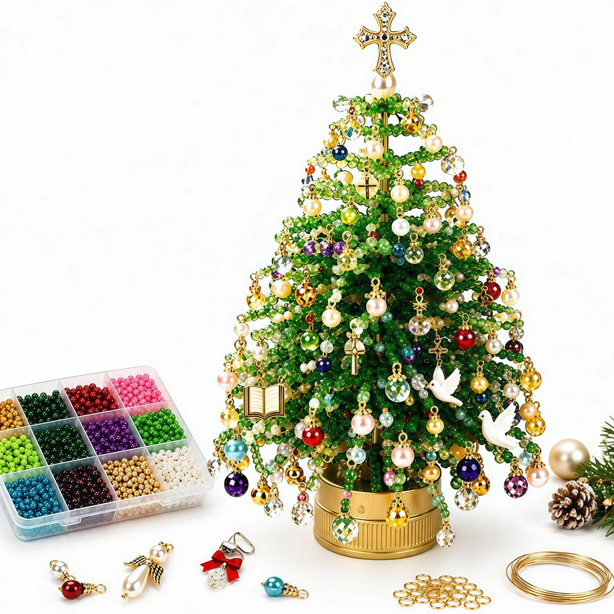 Conjunto de árvore de Natal com contas para montar – contas de cristal feitas à mão, com luzes LED, para decoração natalina em casa, ideal para adultos e crianças, e como presente.