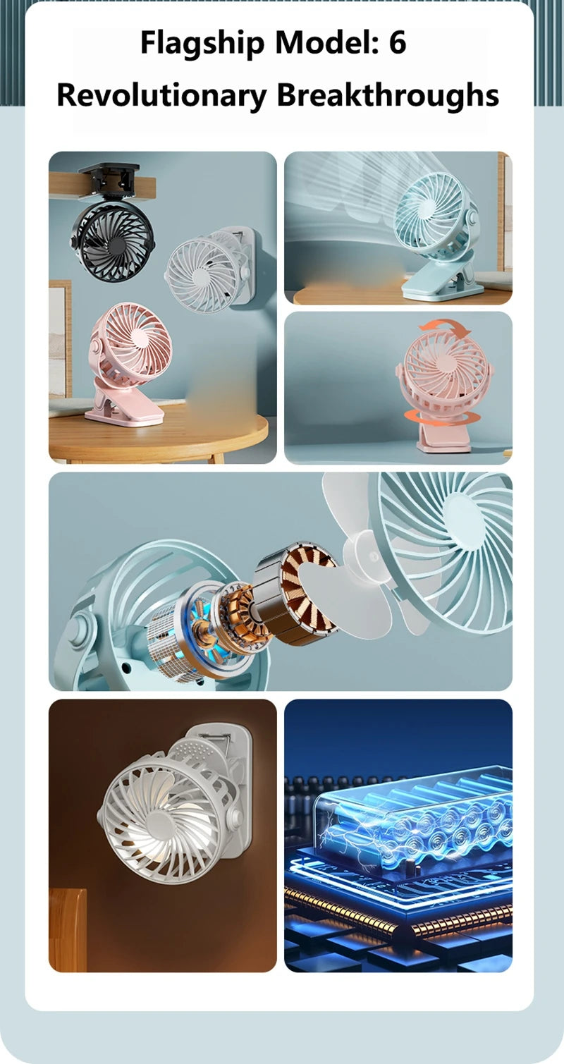 Mini Ventilador Portátil 720 ° Ventilador Portátil Recarregável USB com Lâmpada Noturna Integrada e Rotação, Fluxo de Ar Potente para Viagens, Camping e Atividades ao Ar Livre