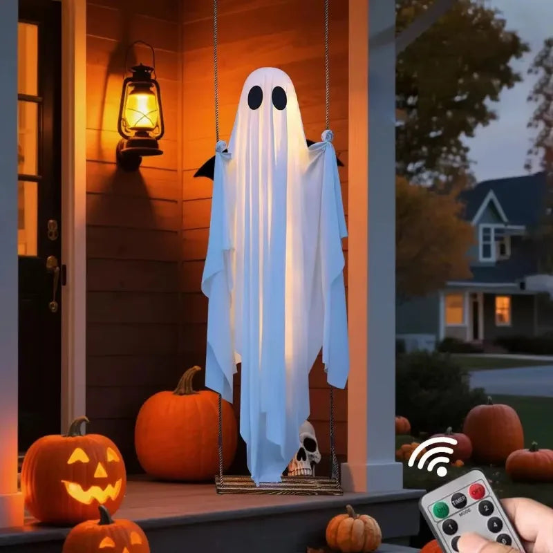 Decorações de Halloween para Exterior, Fantasmas Luminosos Pendurados com Luzes de Cordão, Ornamento de Fantasma Brilhante para Jardim
