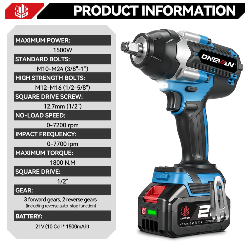 Onevan 1800n.m chave elétrica sem escova 1/2 polegada chave de impacto sem fio chave de fenda ferramenta reparo do carro para makita 18v bateria pino