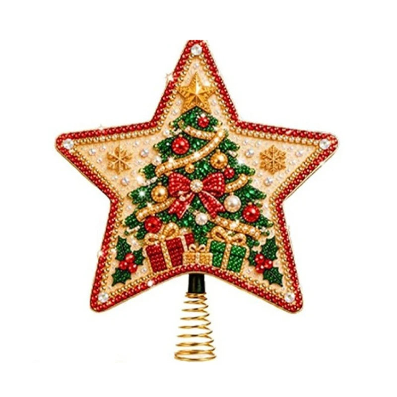 Enfeite de Árvore de Natal com Pintura de Diamantes, Topo de Árvore em Forma de Estrela, Papai Noel DIY, Pintura com Pérolas e Gemas, Base Espiral, Decoração para o Topo da Árvore de Natal