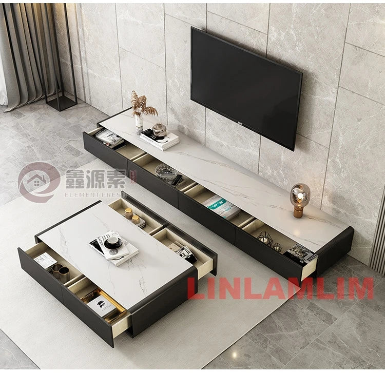 Conjunto de Móveis Modernos Brancos para Sala de Estar, Mesa de Café e Rack para TV com Armários de Armazenamento, Conjunto de Centro de Entretenimento Contemporâneo