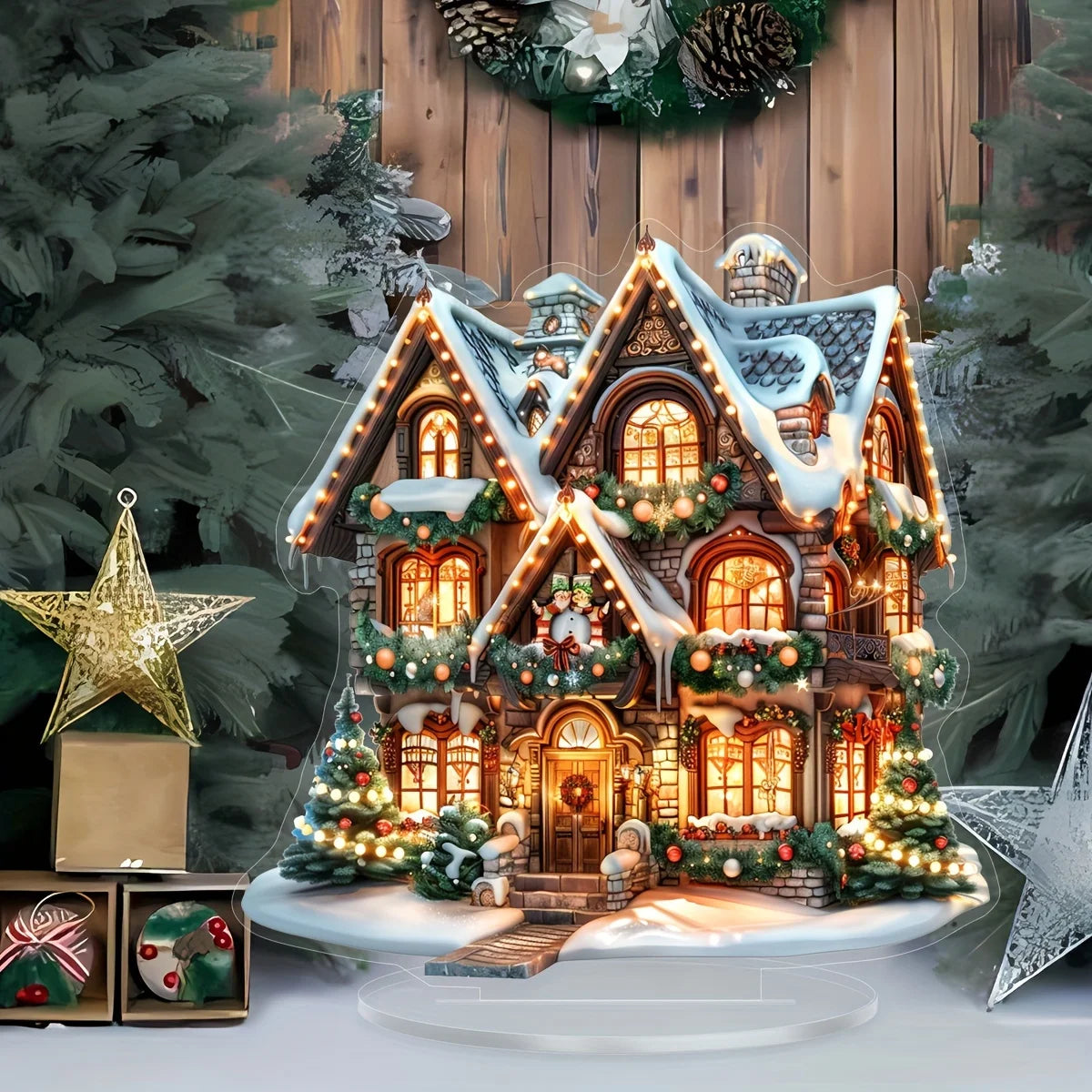 Natal 2d acrílico castelo neve casa de madeira pendurado pingente decoração de natal para casa festa de natal presente de ano novo navidad