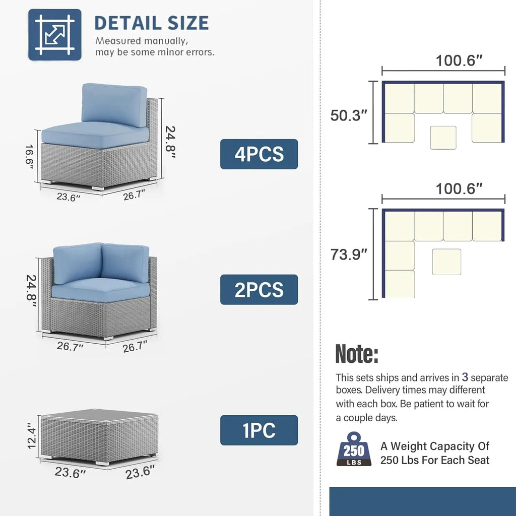 Conjunto de Móveis para Pátio Externo de 7 Peças, Sofá Seccional Cinza de Vime com Mesa de Centro, Personalizável