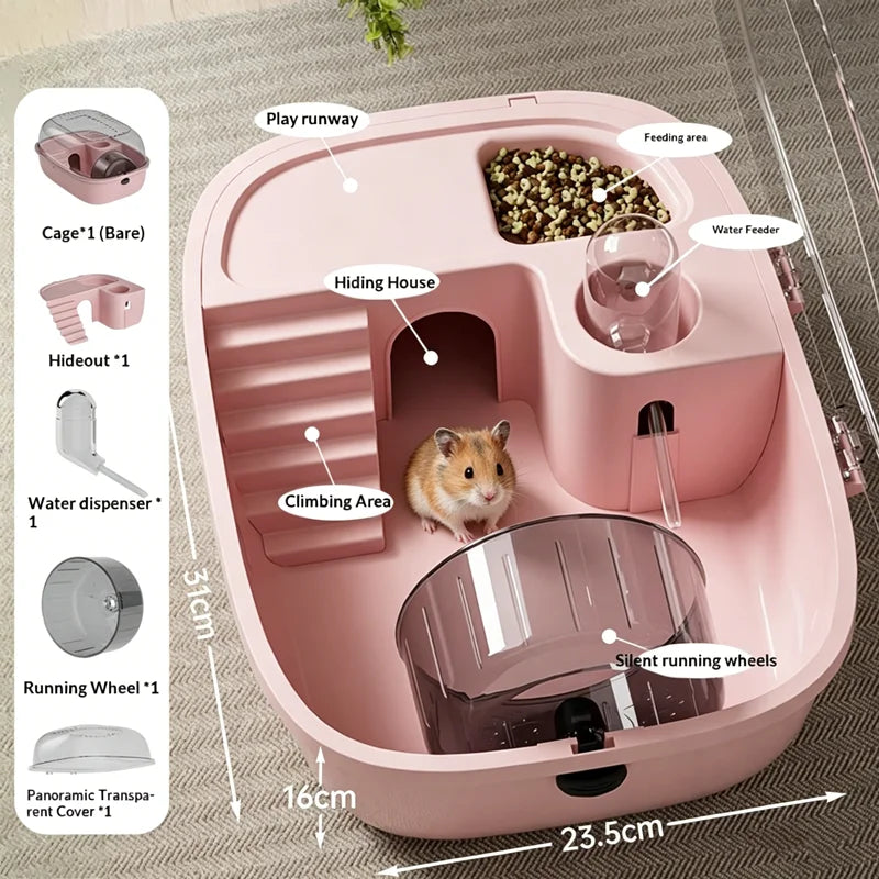 Gaiola de Luxo para Hamster Dourado de Grande Capacidade, Habitat Villa com Plataforma Grande de 2 Camadas, Ninho para Esconderijo, Suprimentos para Pequenos Animais de Estimação