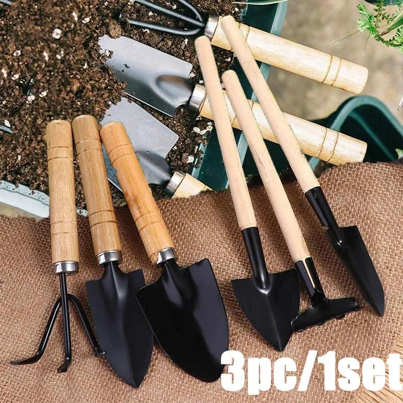 Conjunto de Ferramentas de Jardinagem Mini Portátil 3 Peças/1 Conjunto com Cabos, Pá e Rastelo para Jardinagem Interna e Plantio de Flores