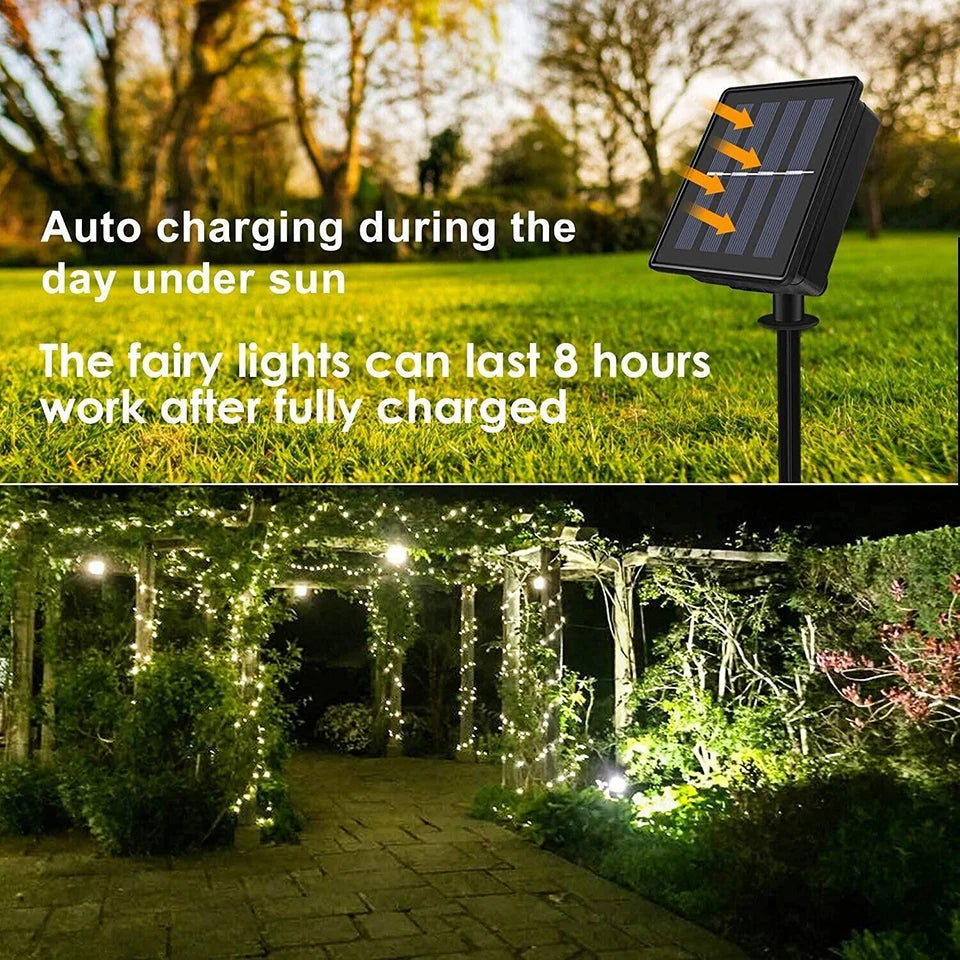 Luz solar ao ar livre da corda led guirlanda de fadas 8 modo jardim quintal festa decoração natal lâmpada fio cobre