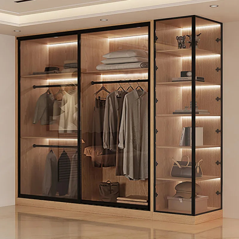 Bedroom Household Solid Wood Sliding Door Wardrobe Glass Double Wardrobes Storage Cabinet Clothes Closet Clothing Home Furniture