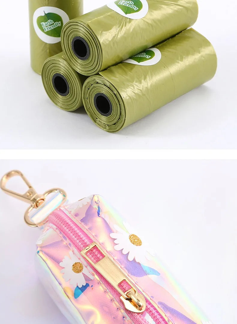 Novo pet cocô selecionador de couro a laser saco lixo escudo colorido transparente alto volume biodegradável dispensador suprimentos para animais estimação