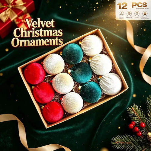 12 unidades de enfeites de Natal em forma de bolas, revestidos com tecido macio, para pendurar na árvore de Natal, presente de Natal e Ano Novo.