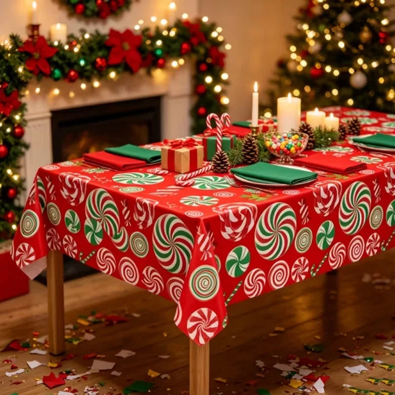 Toalha de Mesa de Natal: Decoração Clássica de Inverno com Estampa de Papai Noel, Floco de Neve e Pinhas – Suprimentos para Cenário Festivo