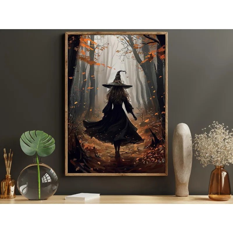 Pôster de Decoração de Parede de Halloween: Bruxa Sombria no Bosque com Flores - Impressão em Tela Sem Moldura para Decoração Festiva de Casa - Kasa & Pet