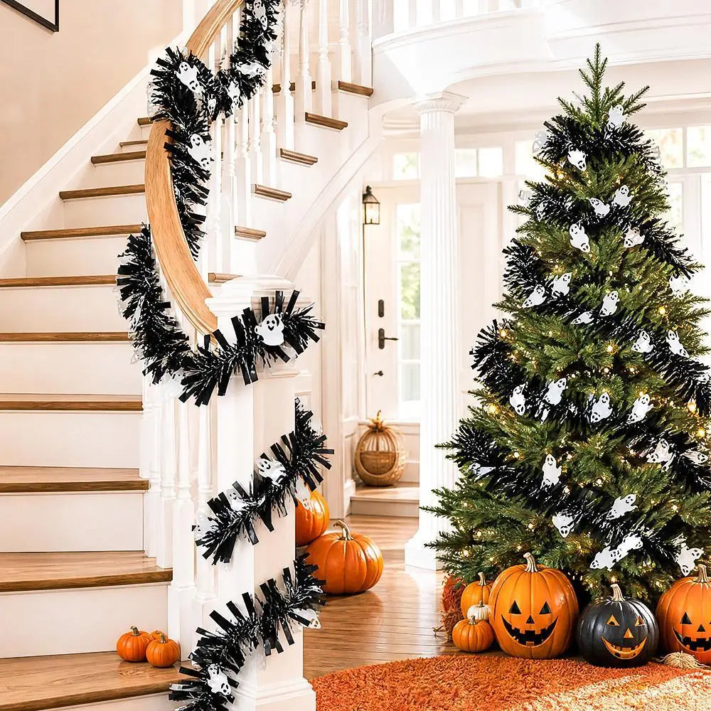 Conjunto de Guirlandas de Natal Laranja, Roxo e Preto com Morcegos, Aranhas e Abóboras para Decoração de Portas, Paredes, Lareiras e Casa