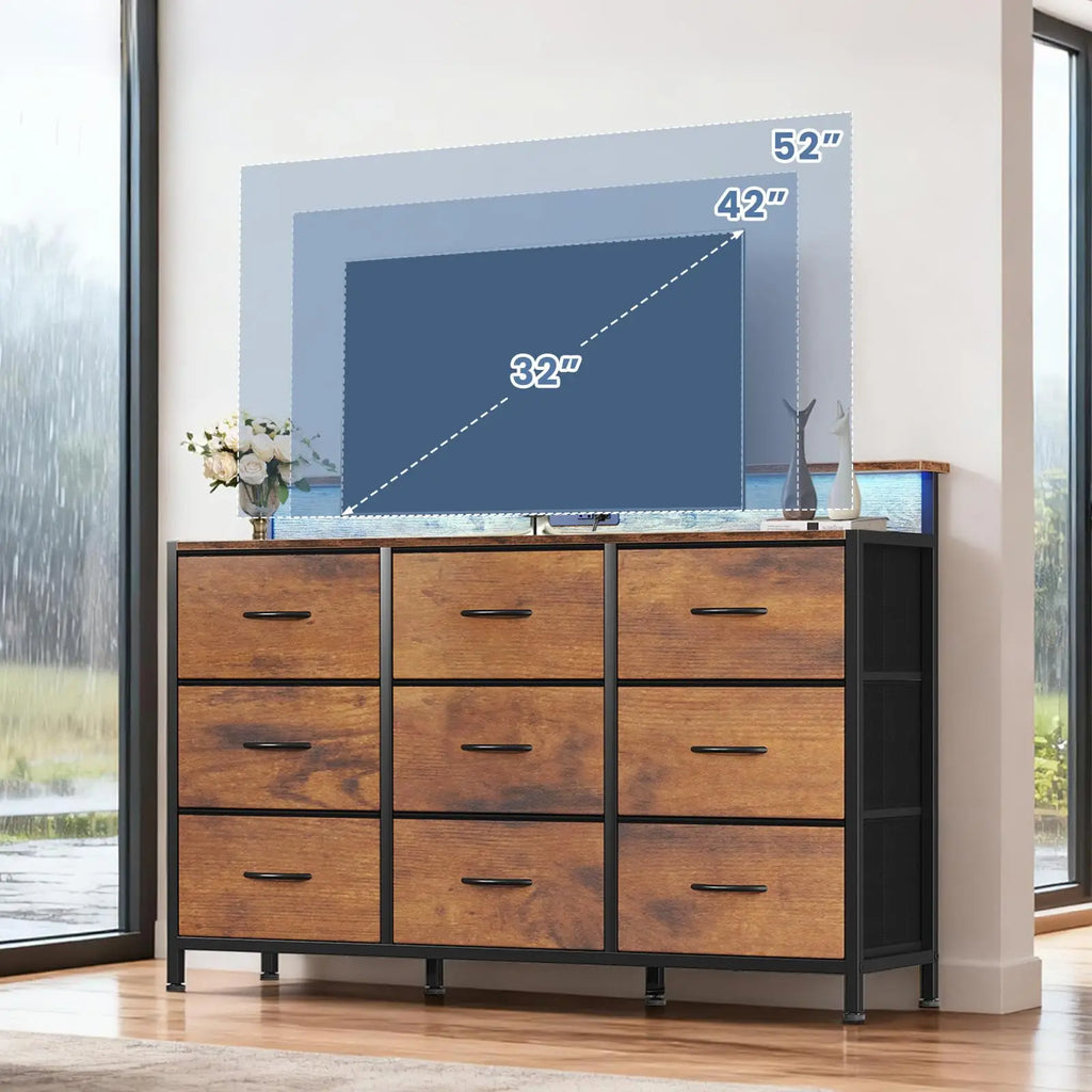 JHK Suporte de TV cômoda com 9 gavetas de tecido Console de mídia superior de madeira para suporte de TV de 32-52 polegadas com exibição de armazenamento de móveis