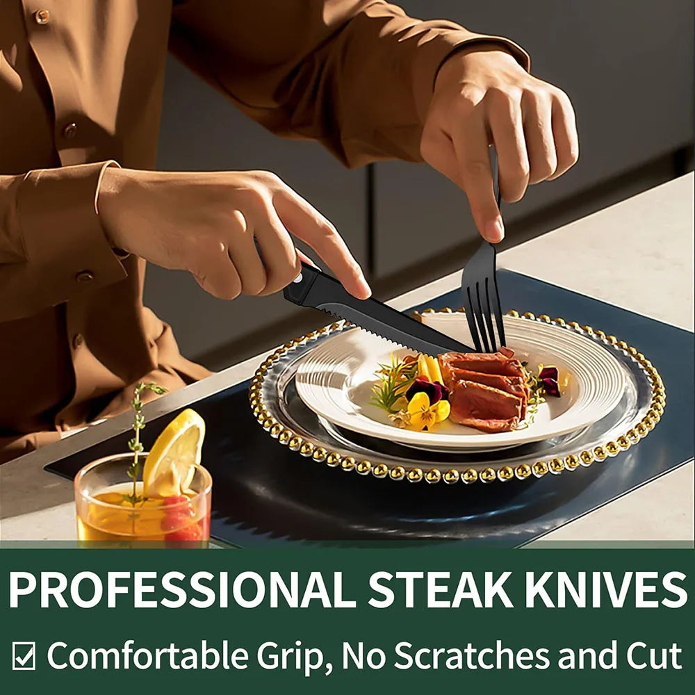 Conjunto de Talheres Pretos com Facas para Bife, Conjunto de Utensílios para 4 Pessoas, Talheres de Grau Alimentício, Conjunto de Talheres com Acabamento Espelhado Kasa & Pet