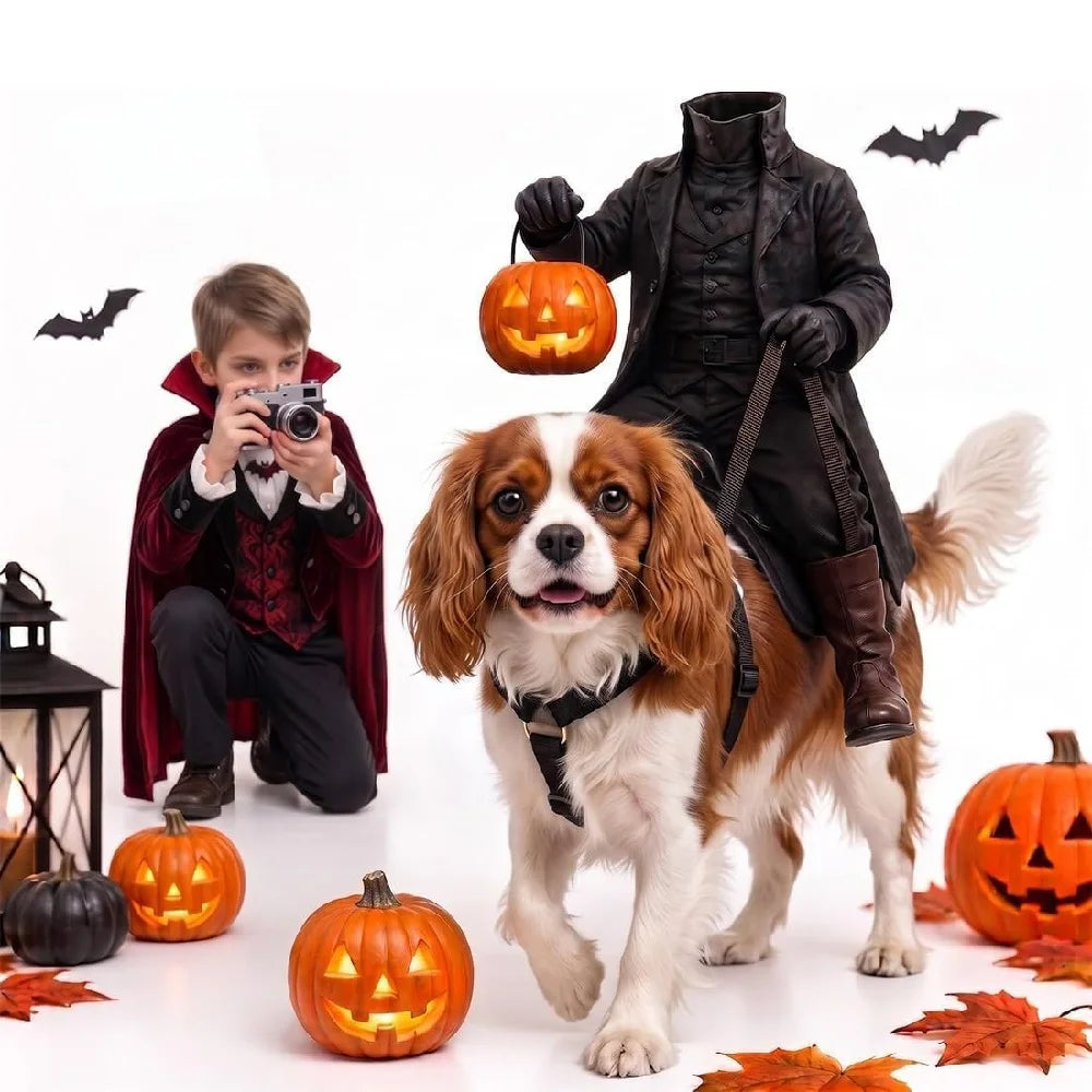Fantasia de Cavaleiro Sem Cabeça para Animais de Estimação para Festa de Halloween, Traje Assustador de Ilusão de Montar em Cavalo 3D, Fantasia Realista de Cavaleiro Sombrio para Fotos