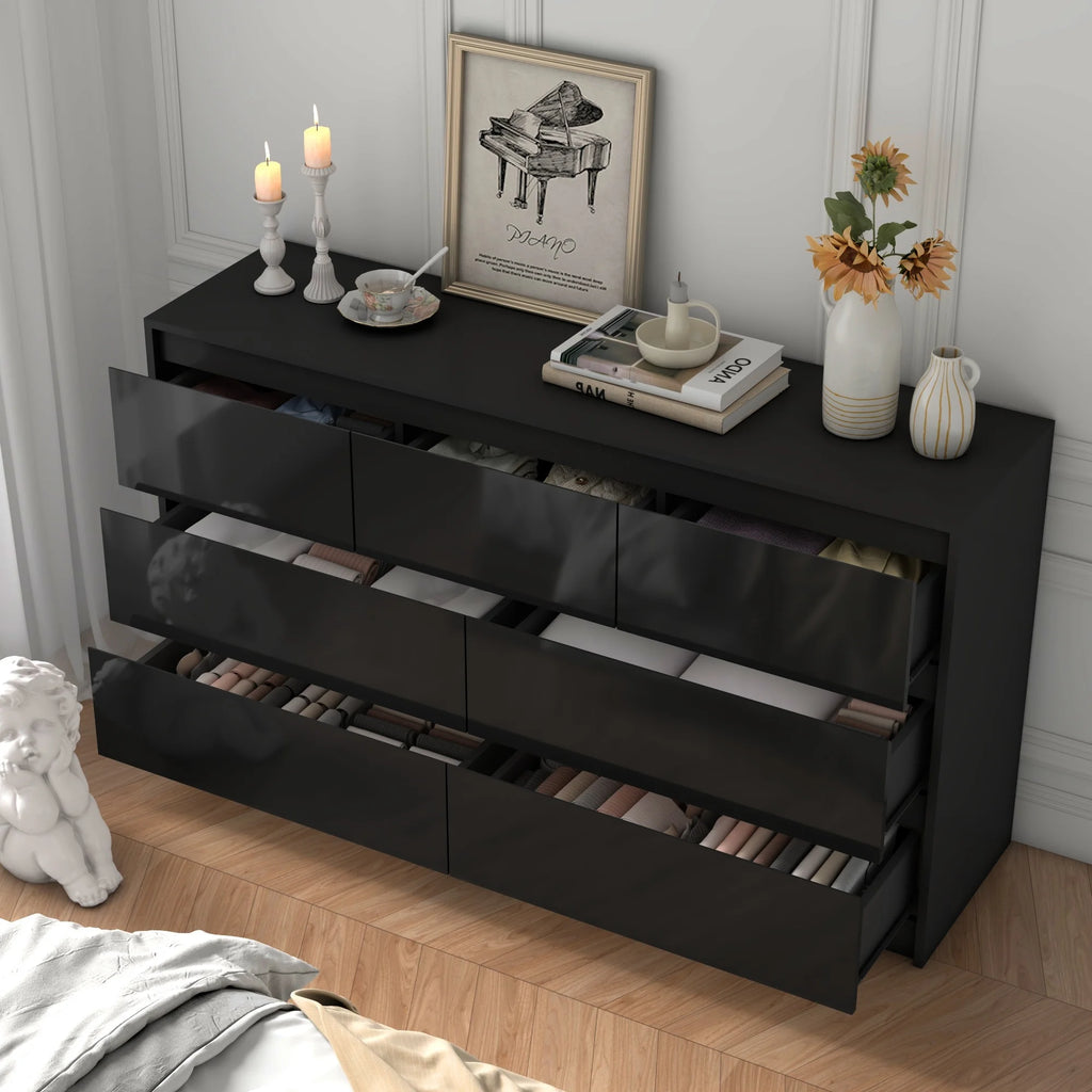 Armário de 7 gavetas com gavetas de alto brilho, grande peito de madeira, branco e preto, 55 "cômoda moderna para o quarto