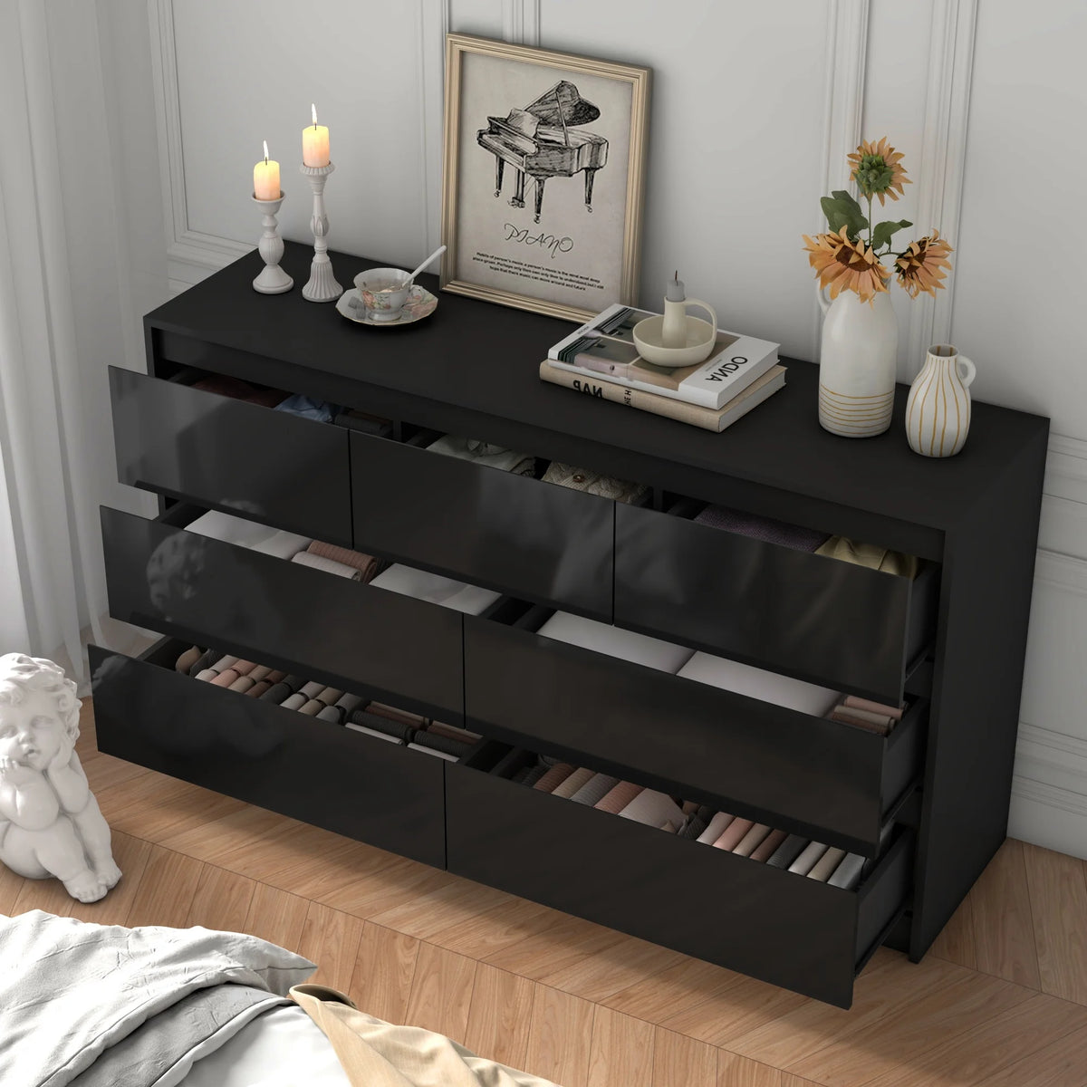 Armário de 7 gavetas com gavetas de alto brilho, grande peito de madeira, branco e preto, 55 "cômoda moderna para o quarto