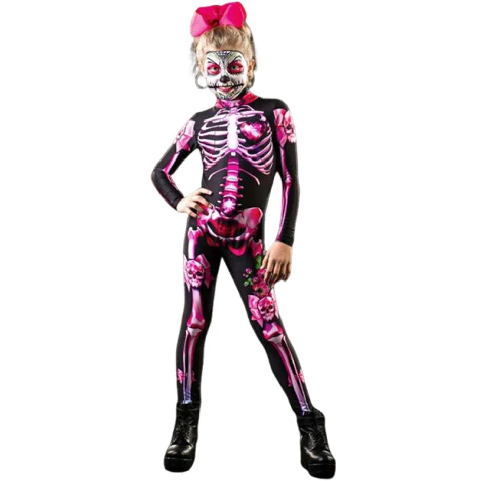 2025 meninas rosa esqueleto crianças assustador traje halloween cosplay fantasma noiva macacão carnaval festa crianças macacão roupas