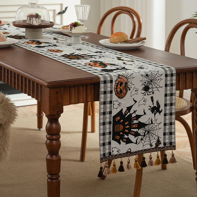 Decoração de Halloween: Caminho de Mesa de Ação de Graças com Abóboras, Toalha de Mesa Jacquard Tingida em Fio com Borda de Borlas, Capa de Mesa, Decoração para Casa