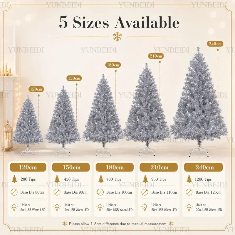 Árvore de Natal Artificial Prateada em PVC 120-240cm de Alta Qualidade com Luzes LED Quentes, Decoração para Festa de Natal em Casa