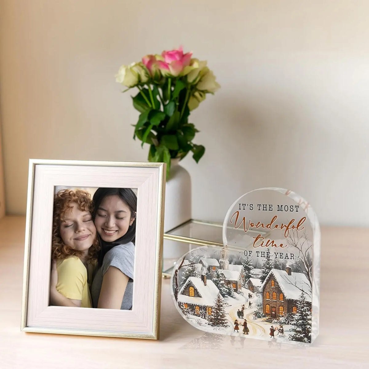 Decorações de mesa de inverno, presentes de Natal - é o tempo mais maravilhoso do ano - Decorações de férias em forma de coração acrílico, C