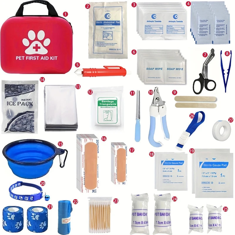 Kit de primeiros socorros para animais de estimação: contém suprimentos de emergência e cobertor de emergência, adequado para caminhadas, camping e mochilão.