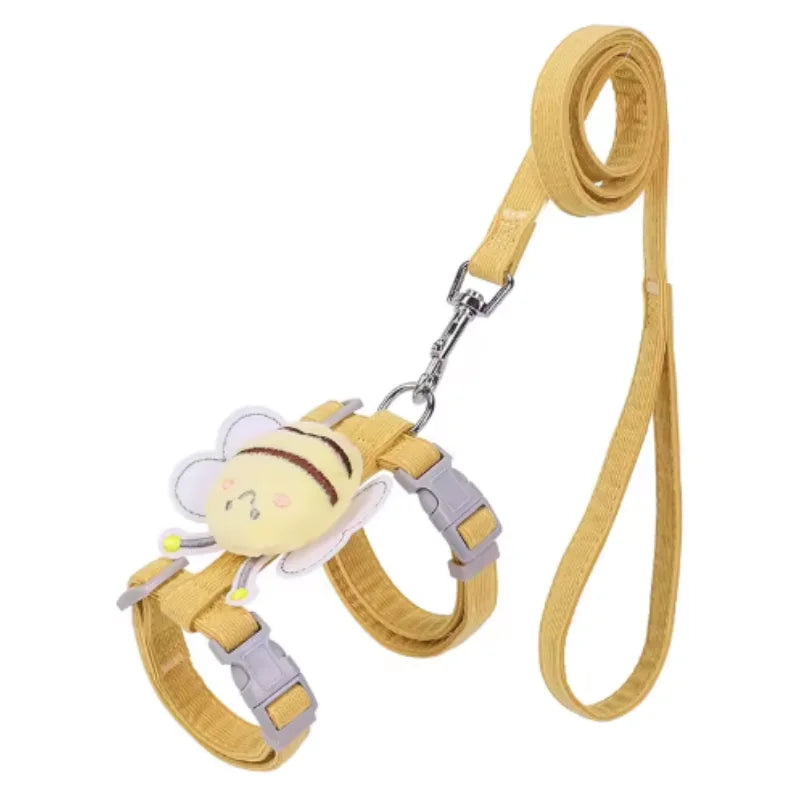 Conjunto de Coleira e Guia para Gatos e Cães, Ajustável, com Estampa de Abelha em Desenho Animado, Coleira Dupla Camada para Animais de Estimação Pequenos e Médios, para Passeios ao Ar Livre